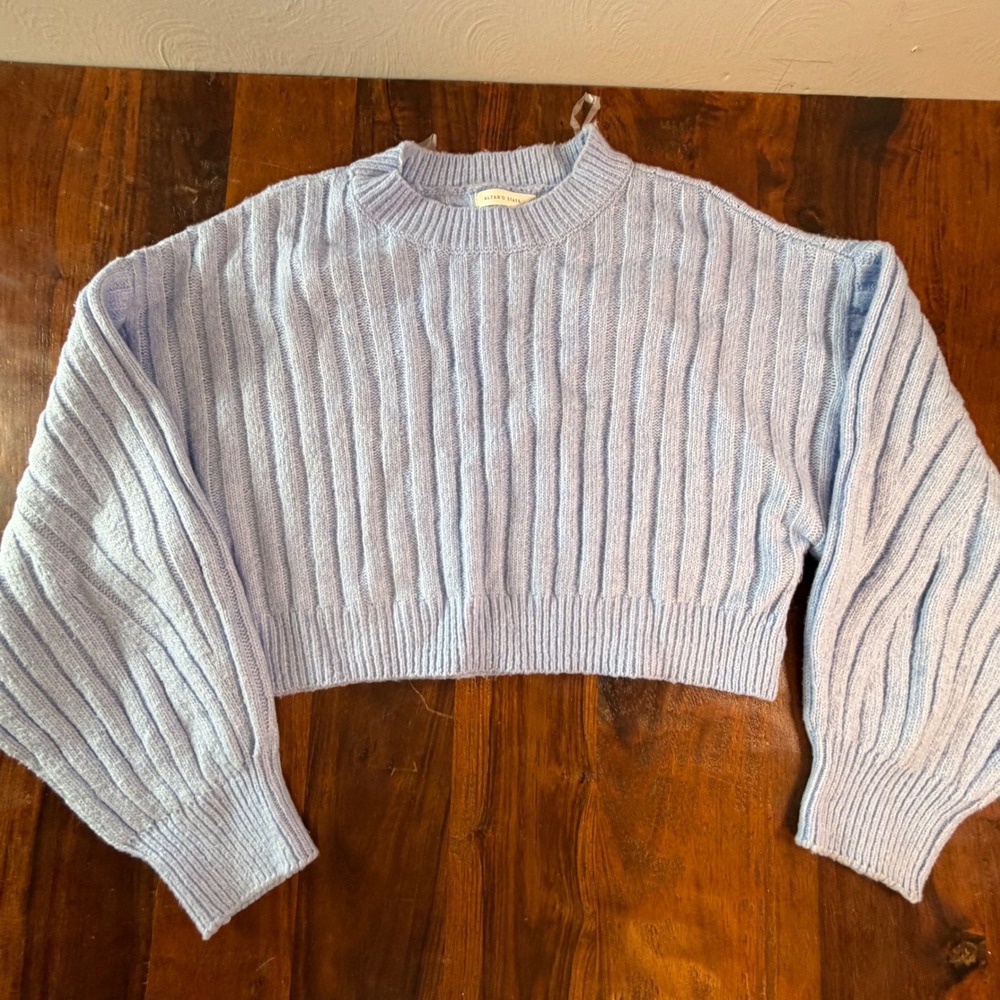 Altar'd State Light Blue Ribbed Knit Cropped Sweater Small Crew Neck Long Sleeve